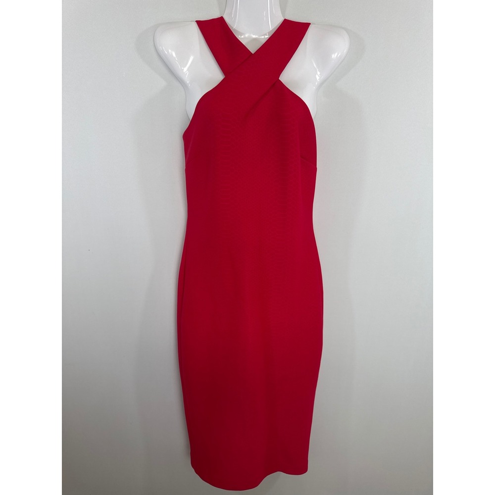 Ted Baker Red Erskine Criss Cross Halter Sheath Dress Womens 2 Midi Cocktail